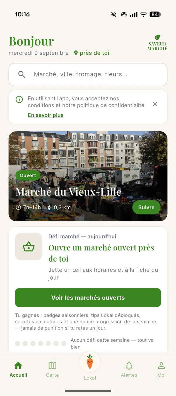 Accueil de l’application Saveur Marché