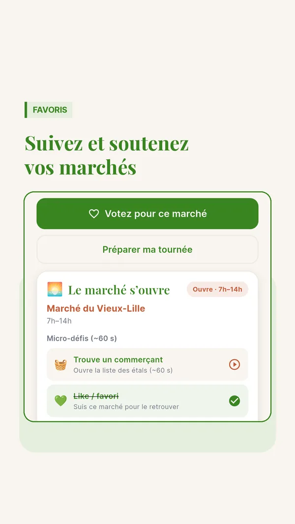 Écran favoris de l’application Saveur Marché, avec les marchés et commerçants suivis